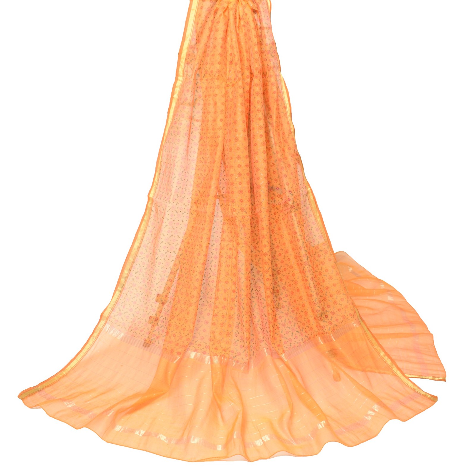 Sushila Vintage Orange BRANDED Dupatta Pure Cotton Silk Floral Print Long Stole