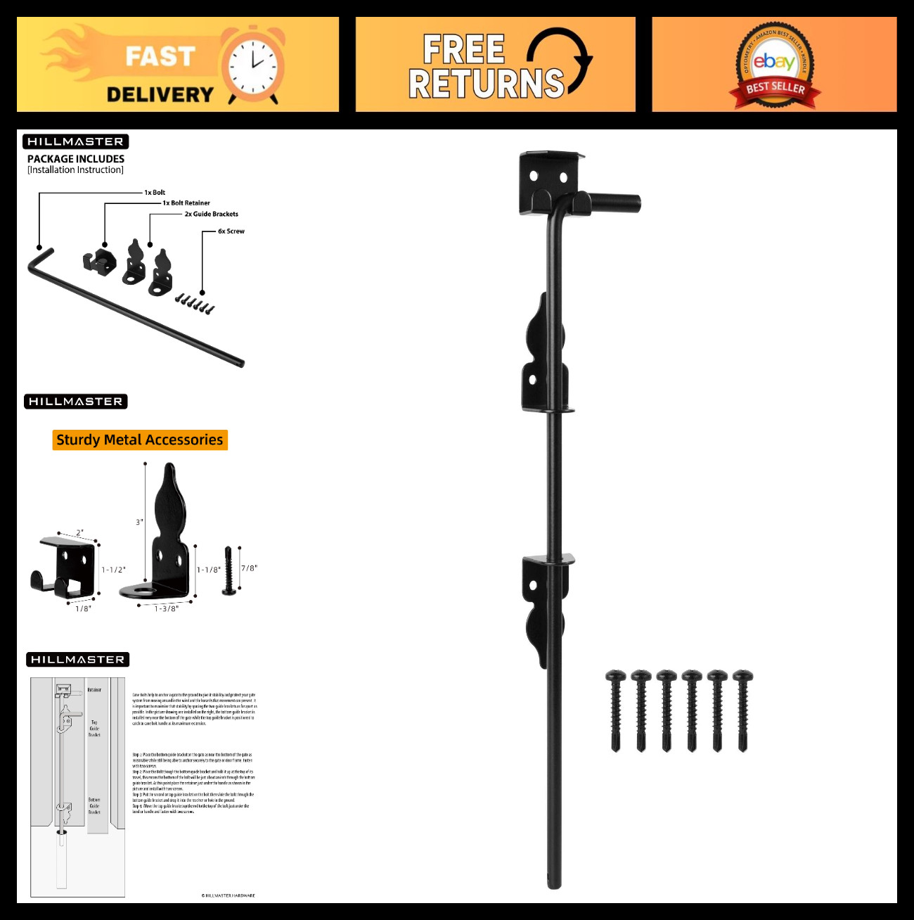 18" Heavy Duty Cane Bolt Gate Drop Rod - Steel Drop Bolts for Wood Fences & Door
