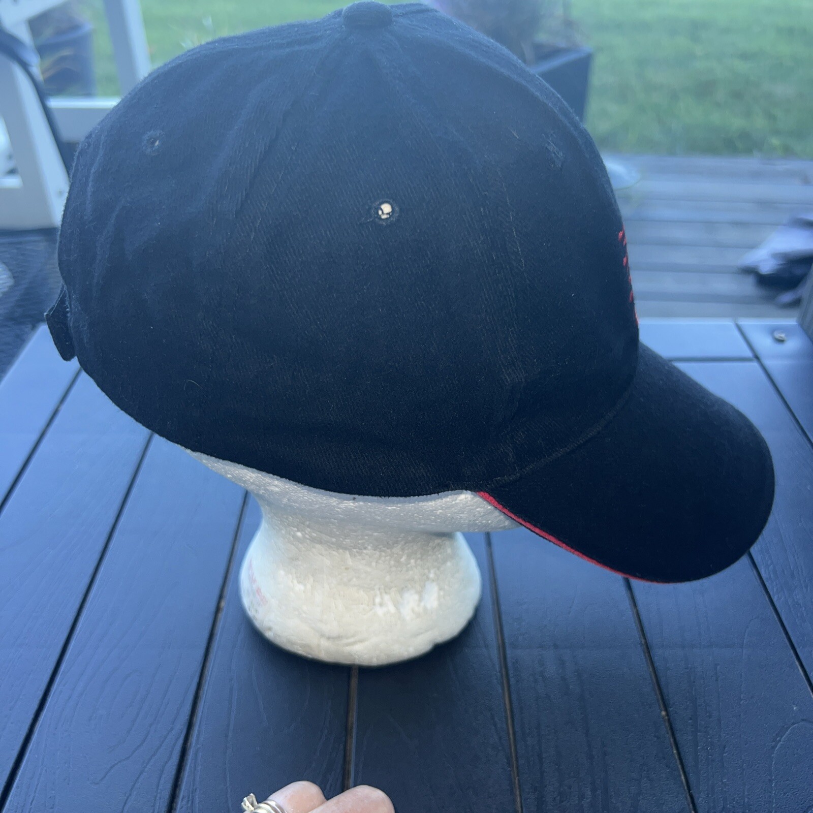Black with Red Embroidered Unidentified Symbol on Navy Hat Cap Hook Loop Cotton