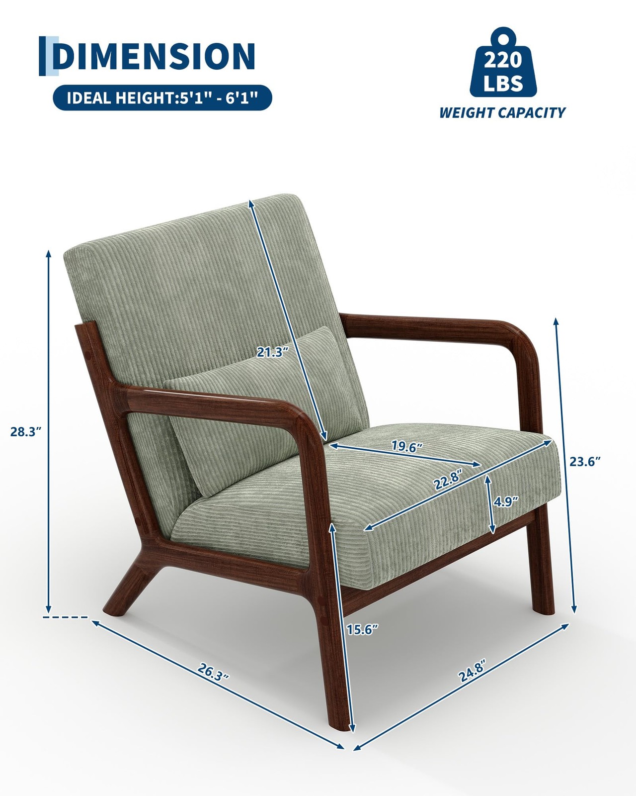 Modern Accent Chair, Mid-Century Corduroy Chair Lounge Armchair ,w/Lumbar Pillow
