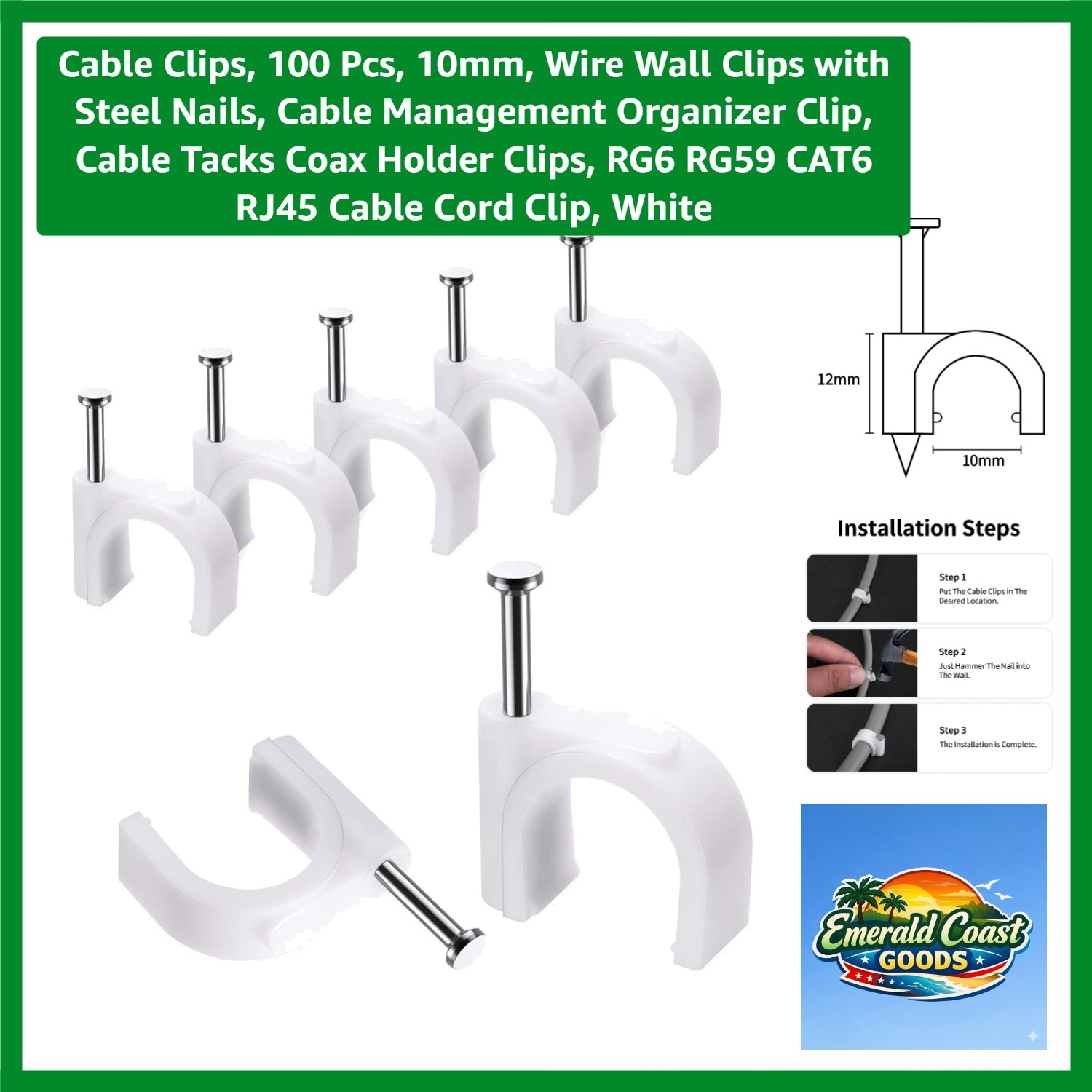 Effortless Cable Organization: 100 Pcs 10mm White Clips with  Steel Nails