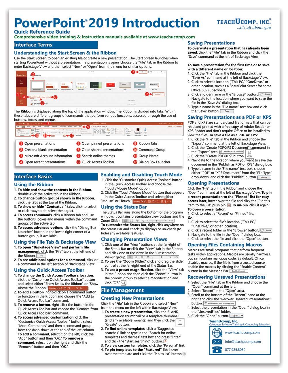 PowerPoint 2019 Introductory Training Guide Quick Reference 4 Page Cheat Sheet