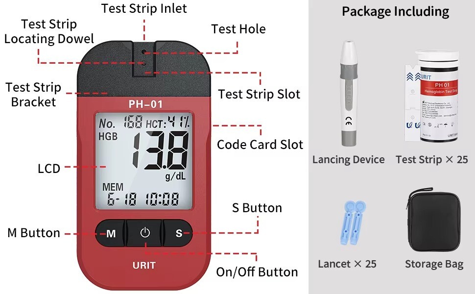 Hemoglobin Test Meter Kit 25 Test Strips & Lancets Home Blood Testing gt