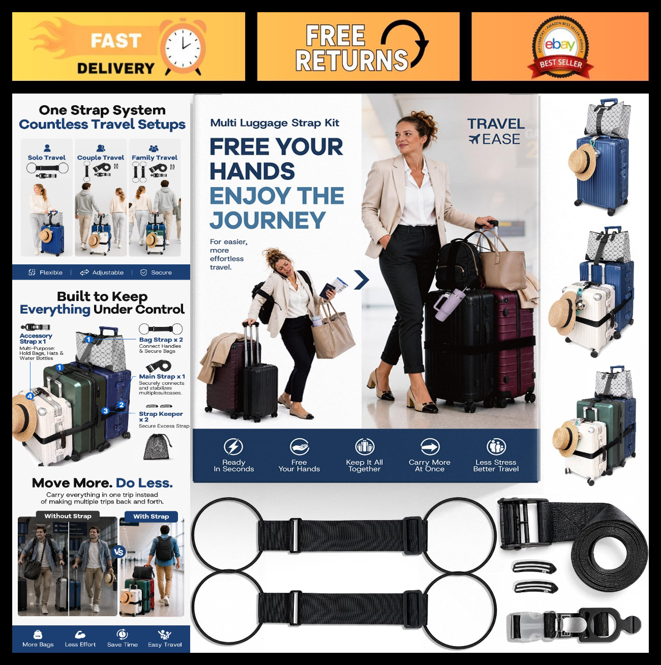 Adjustable Luggage Connector Straps Kit - Keep Suitcases Together for Travel