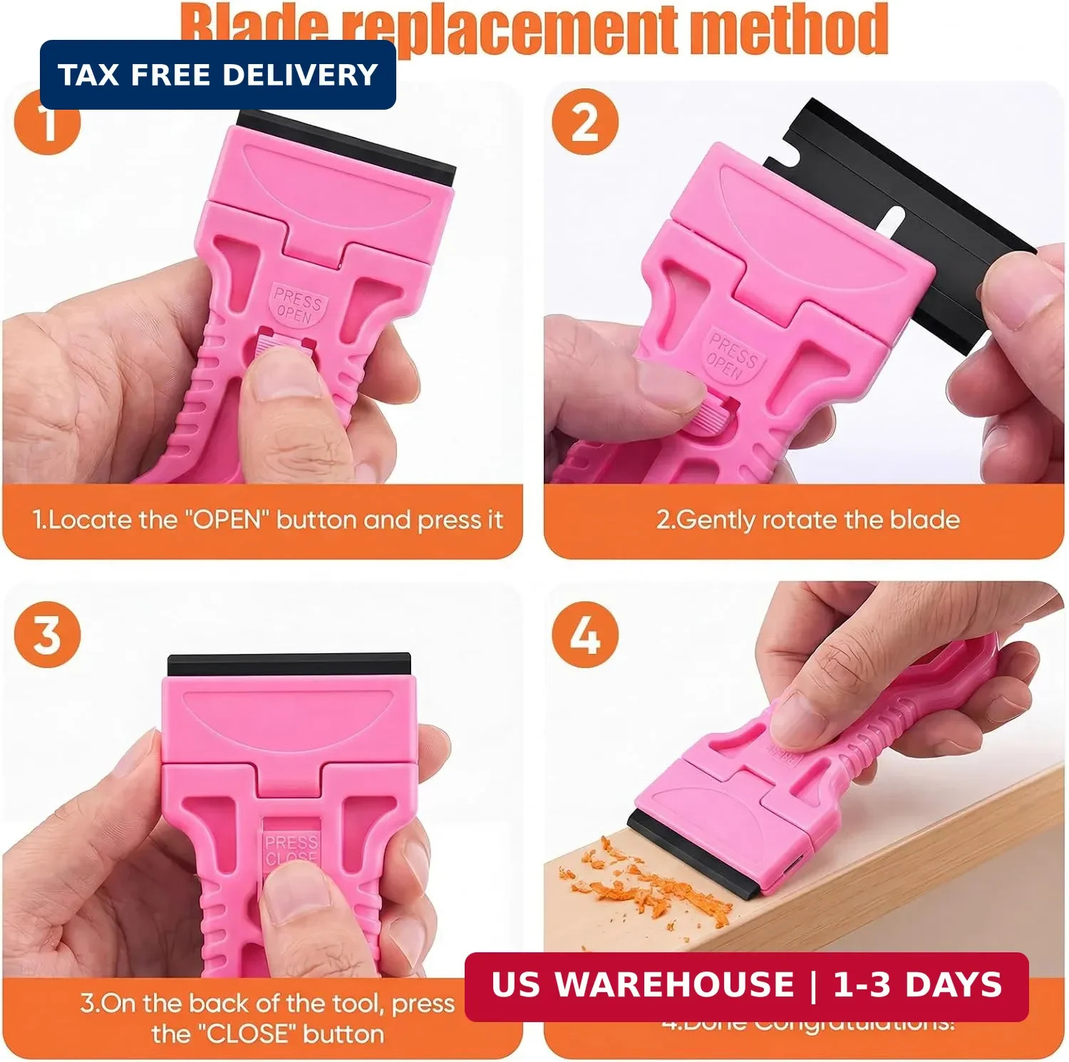 4 Pack Razor Blade Scraper, 25 Blades, Long Handle Scraper Tool (Pink)