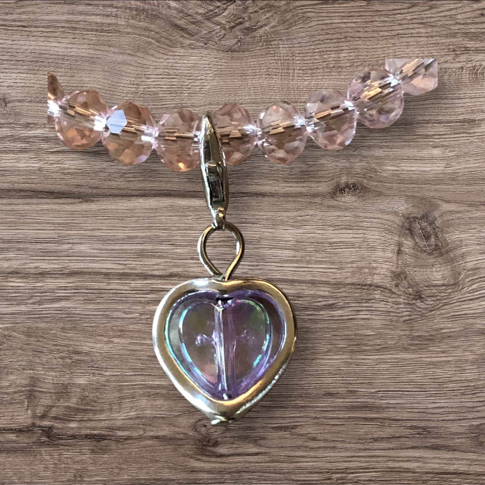 Light Pink Beaded Bracelet Heart Charm Handmade 0129