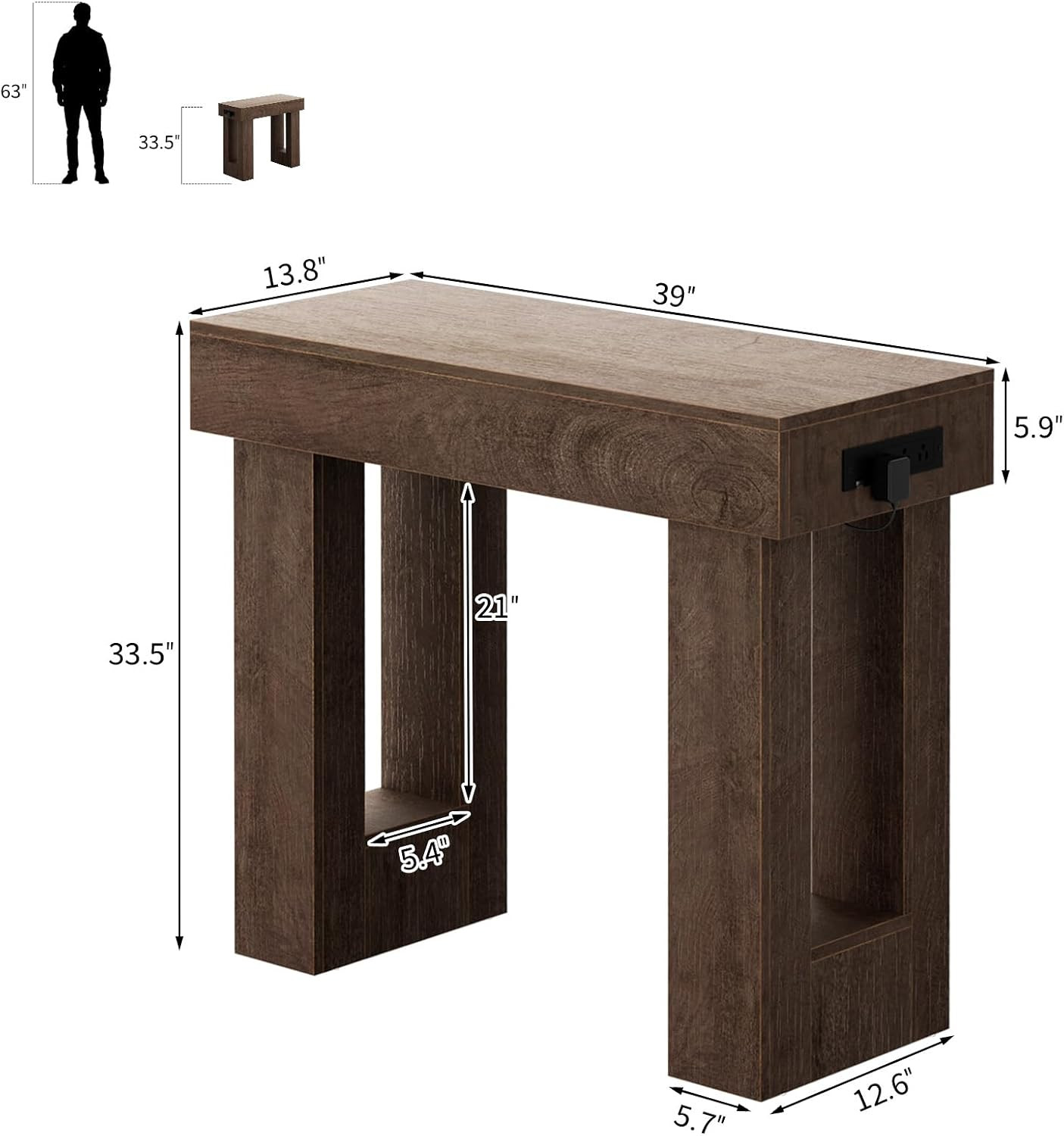 39" Entry Table with Power Outlet & Sensor Light, Rustic Oak | Narrow Foyer Tabl
