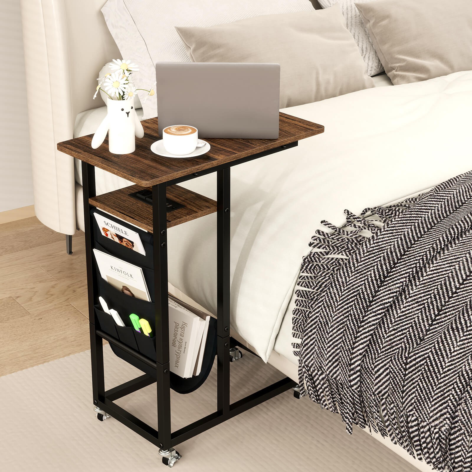C-shaped End Table with Charging Station Rolling Bedside Table Couch Side Table