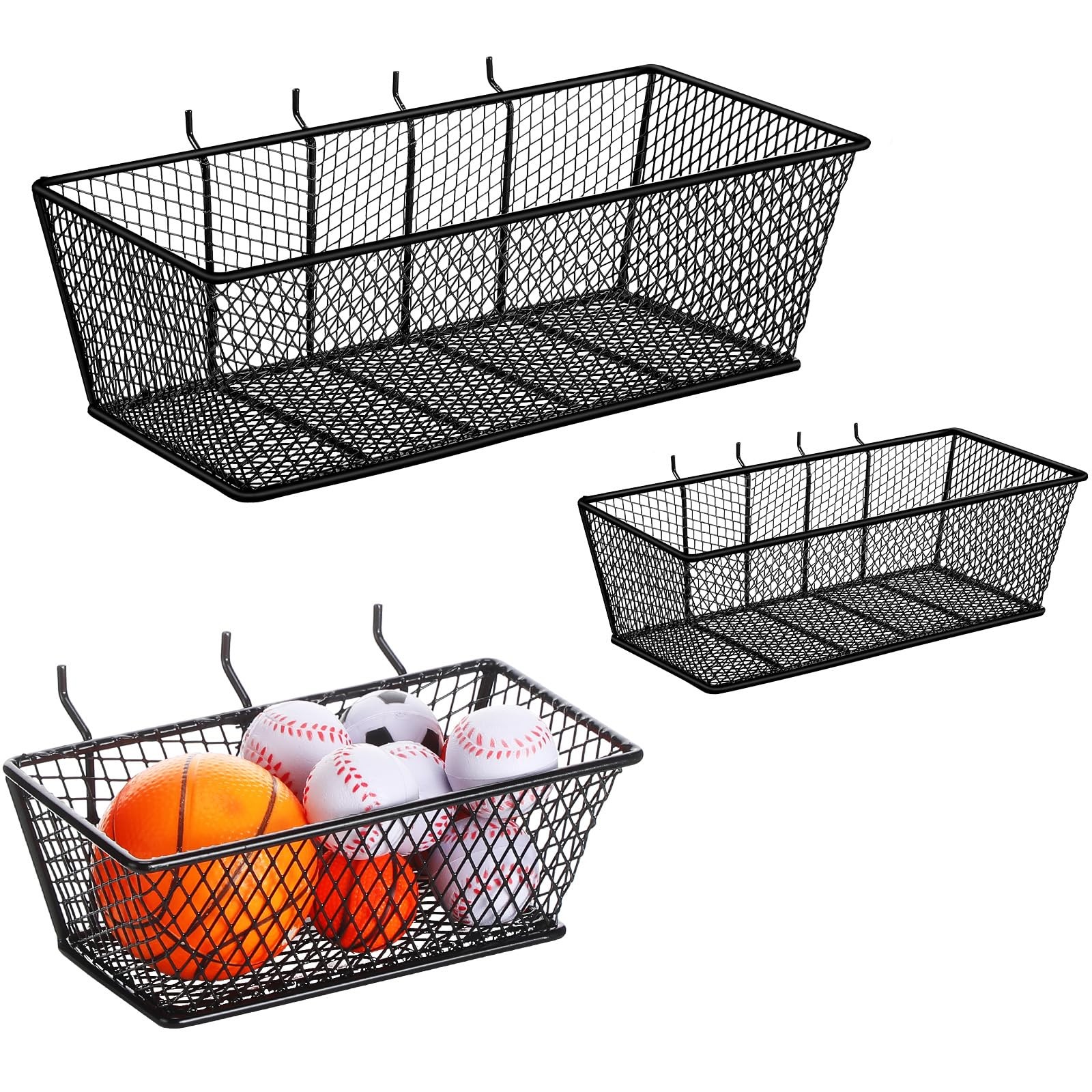 3 PCS Pegboard Wire Baskets Accessories Hanging Wall Organizer Bins Black