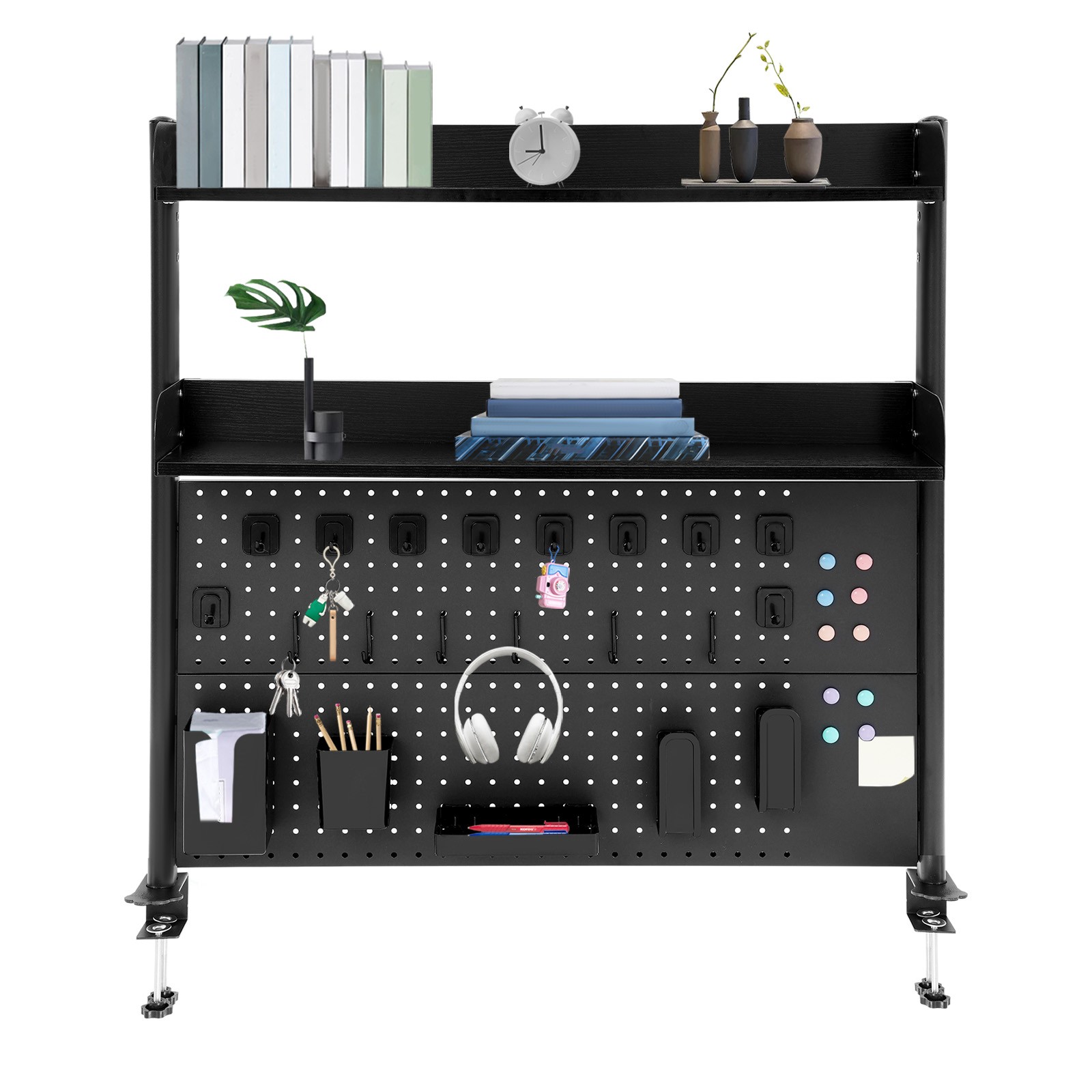 Premium Black Desktop Bookshelf with Adjustable Shelves & Pegboard Organizer