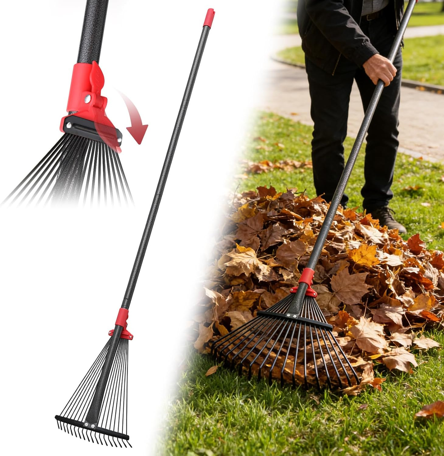 Garden Rake for Leaves: Heavy Duty 55" Long Handle 18 Metal Tine Expandable Head