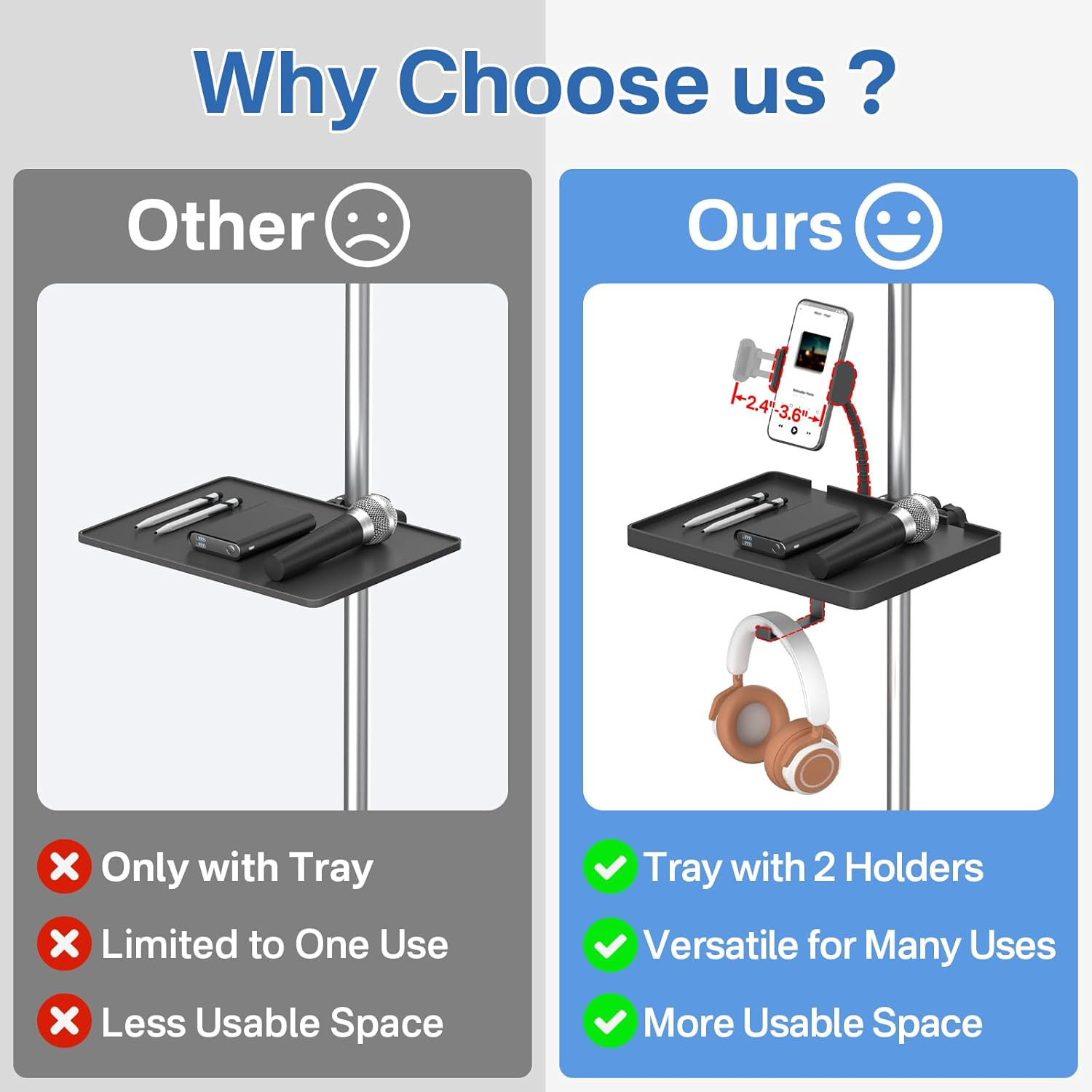 Functional Microphone Stand Tray with Adjustable Mic Stand Phone Holder - 8.7"x6