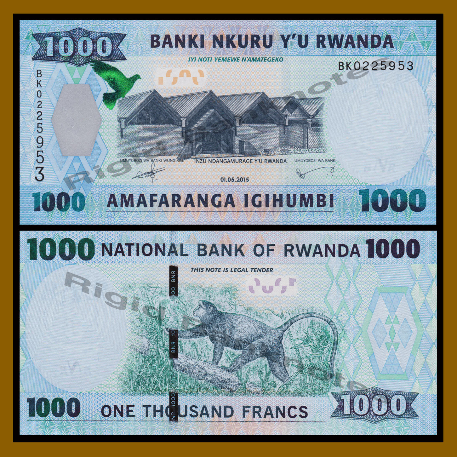 Rwanda 1000 Francs, 2015 P-39 Village Monkey Unc