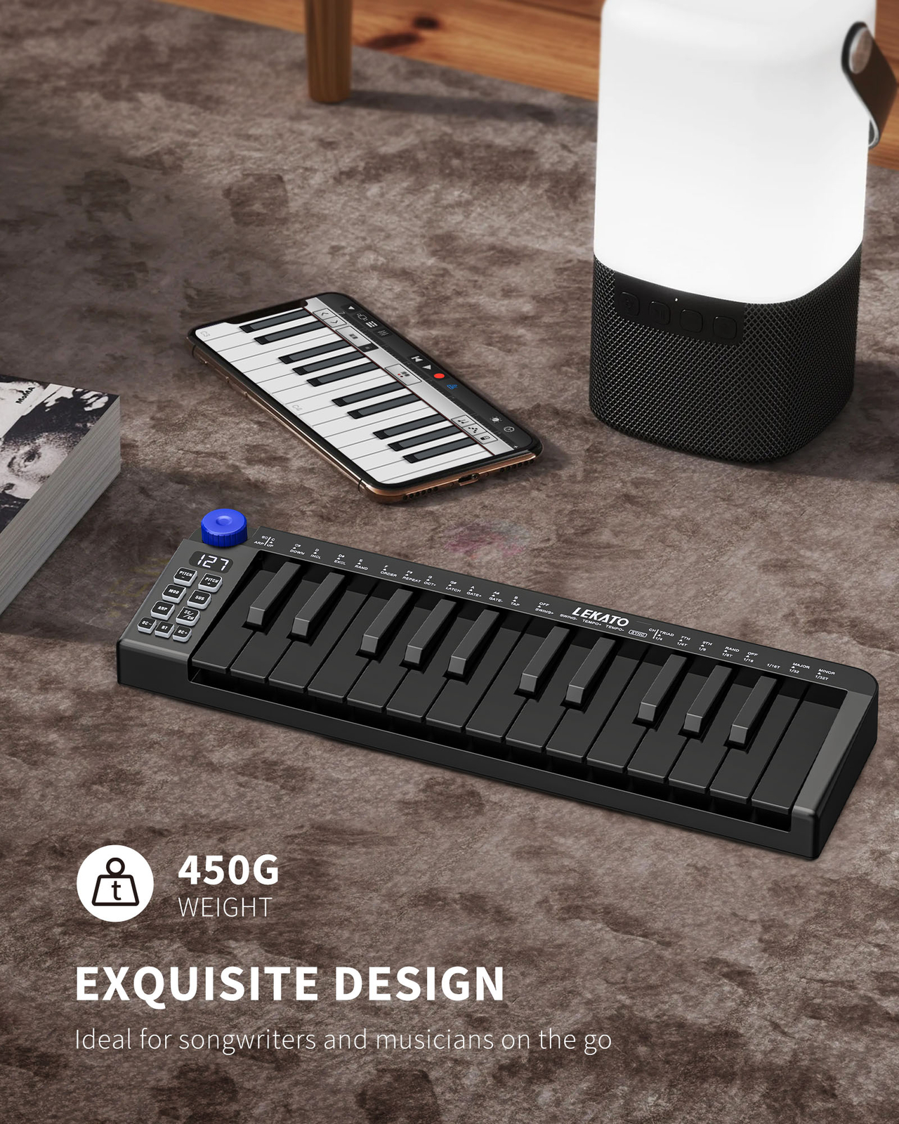 LEKATO 25 Key MIDI Controller Bluetooth MIDI Keyboard 360 Knob Rechargeable