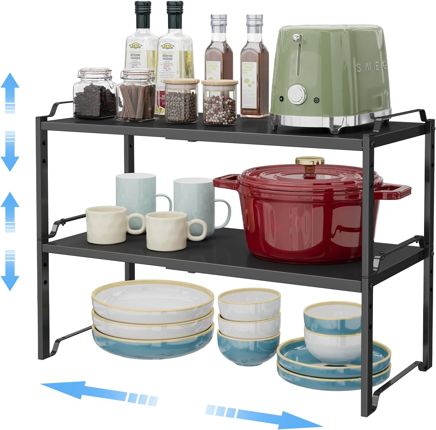 2 Pack 11” Depth Expandable Kitchen Cabinet Organizer Shelves, Metal Kitchen Cou