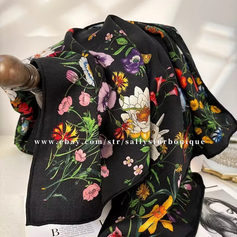 Sallys 70% Cashmere & 30% Silk Scarf Flowers Print Double Face Stole Shawl 35"