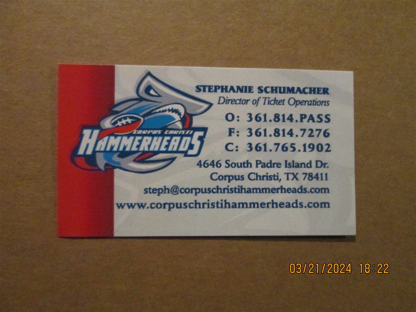 IFL Corpus Christi Hammerheads Vintage Circa 2004 Team Logo Business Card