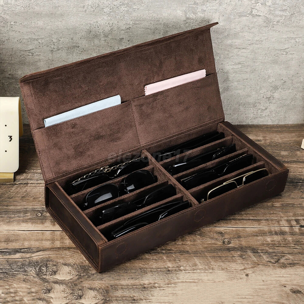 2/3/4/6/8 Slots Genuine Leather Eyeglasses Case Sunglasses Display Storage Box