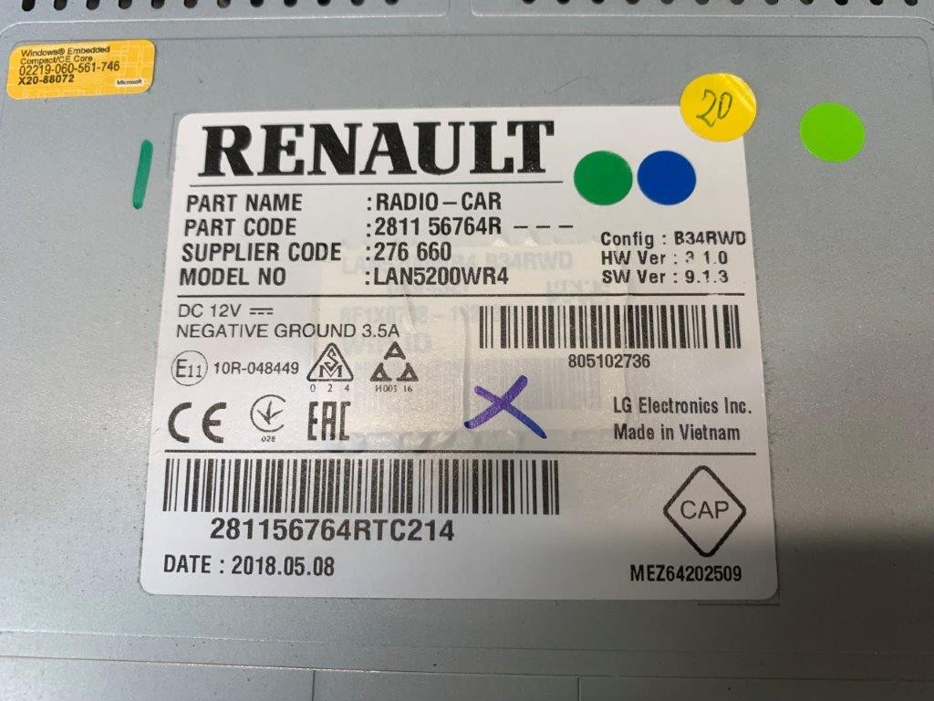 13-20 RENAULT CAPTUR MULTIFUNCTION HEAD UNIT/SCREEN DISPLAY WITH CODE 281156764R