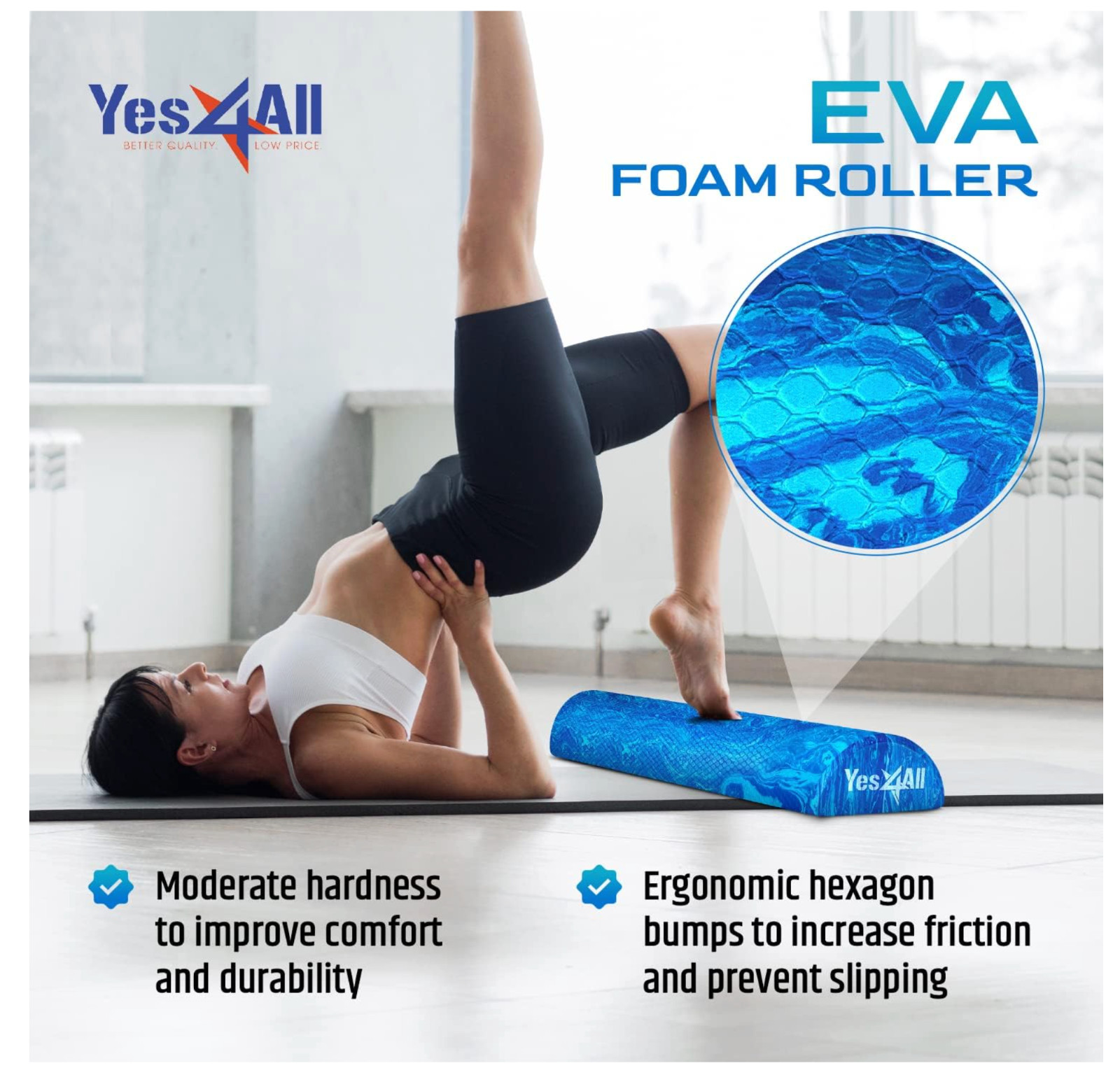 Yes4All EVA Half Foam Roller 36" - Blue Ergonomic Durable Versatile Workout