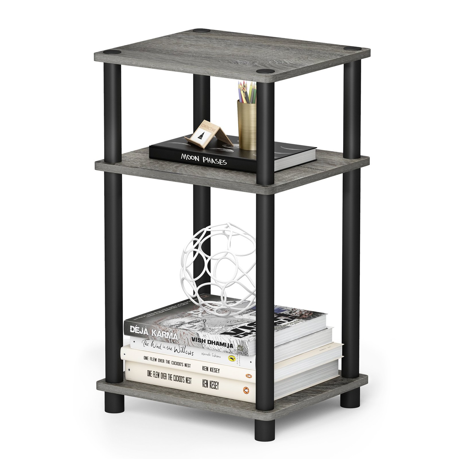 Furinno JUST Side Table, 3-Tier End 3-Tier, Round Pole, French Oak Grey/Black
