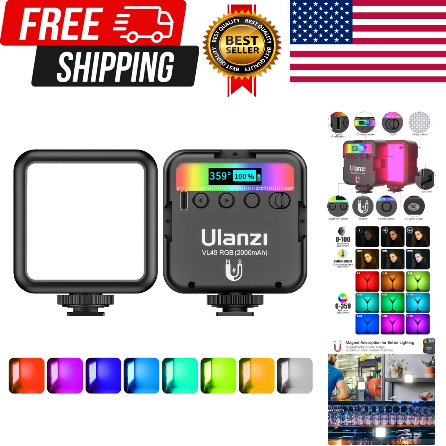 VL49 RGB Video Lights, LED Camera Light 360° Full Color Portable Photography ...
