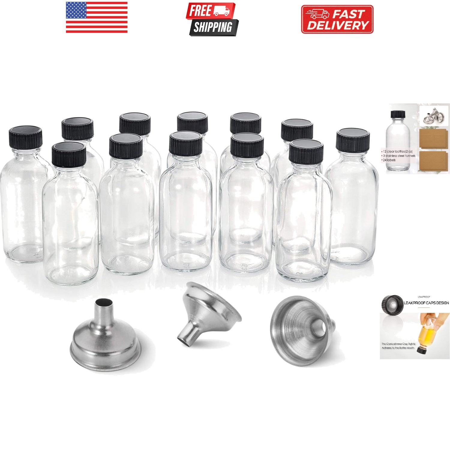 12 Pack, 2 oz Small Clear Glass Bottles w/Lid & 3 Funnels - 60ml Boston Shot ...