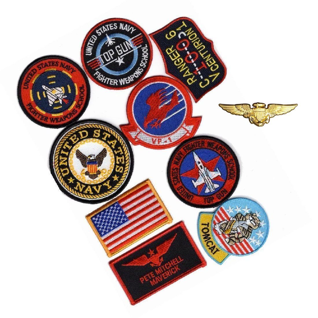 Pete Mitchell IRON ON Patch(10PC Pilot Aviator Wings PIN)