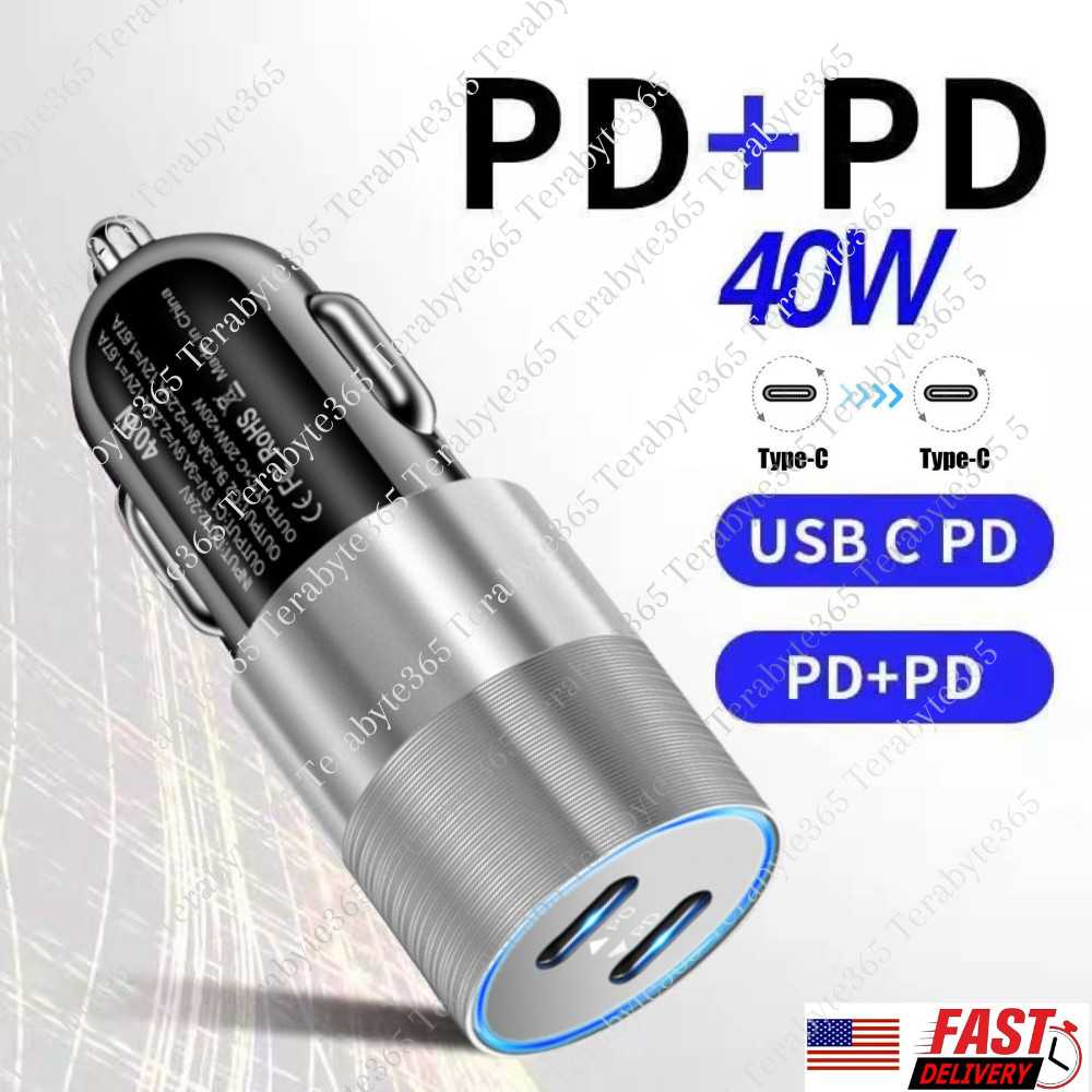 40W 2-Port PD USB C Fast Car Charger Socket Power Adapter For iPhone 15 Samsung
