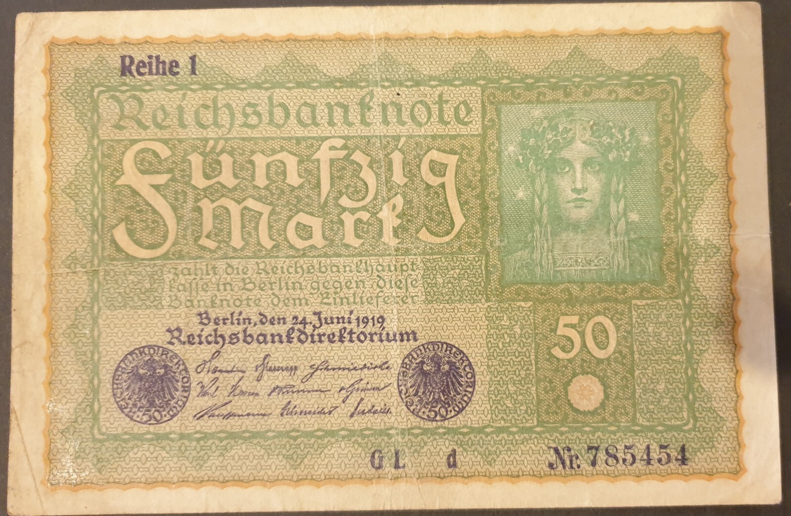Banknote - 1919 Germany 50 Marks P#66 785454, Reihe 1, "Ideal Woman" (obv)