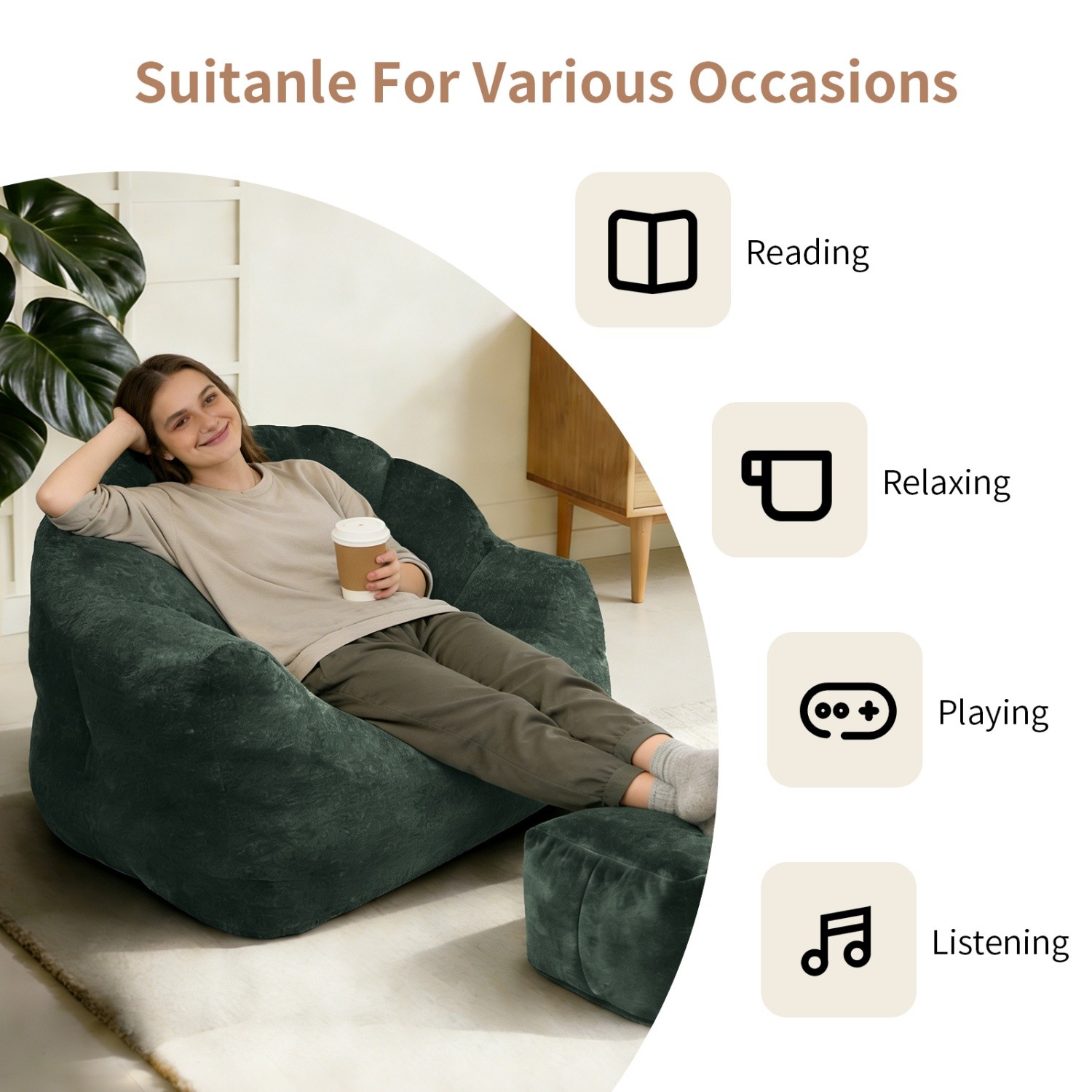 Small Space Bean Bag Chair w/ Ottoman & Memory Foam Filled for Apartment Bedroom