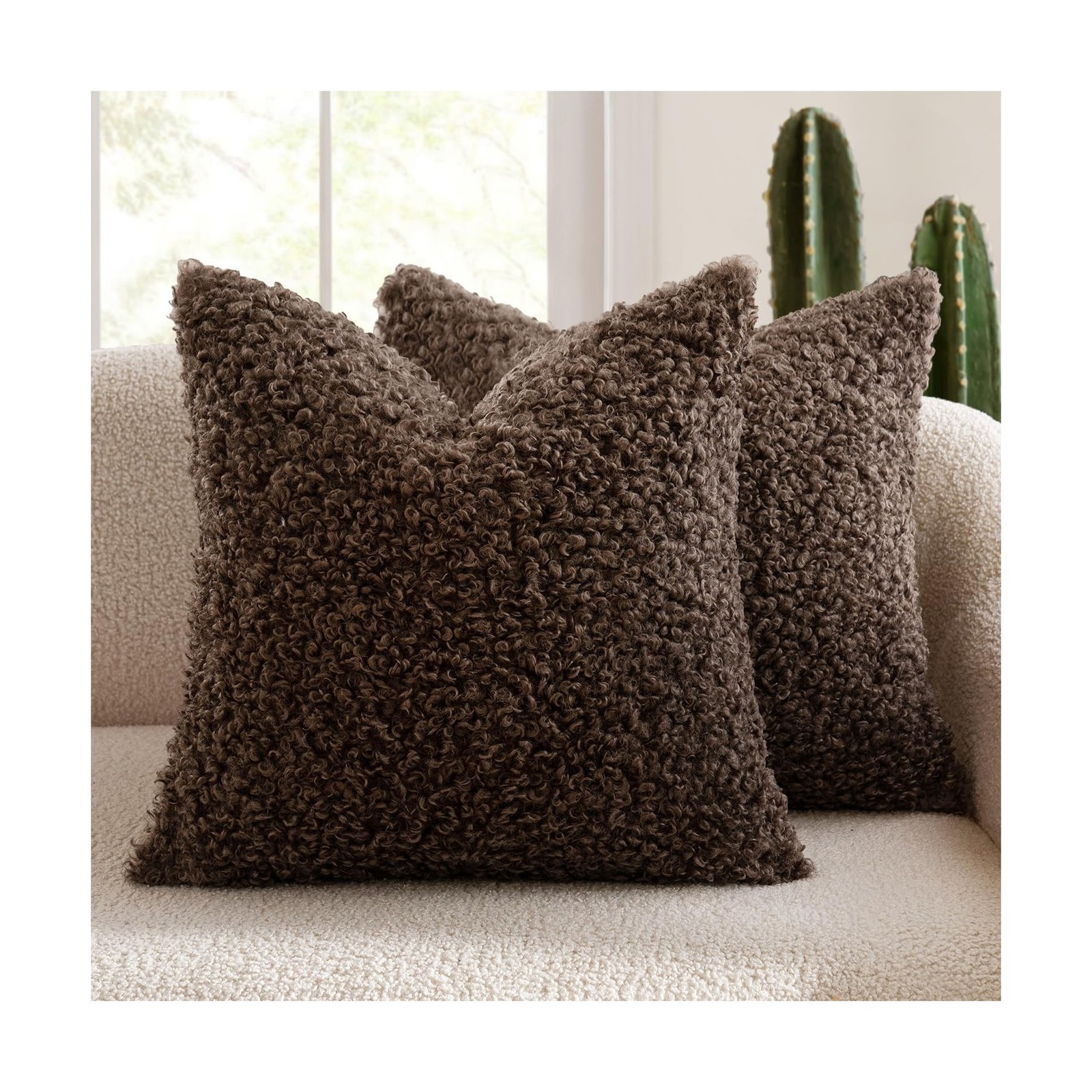 MIULEE Pack of 2 Faux Fur Chocolate Throw Pillow Covers 18x18 Inch Boucle Dec...