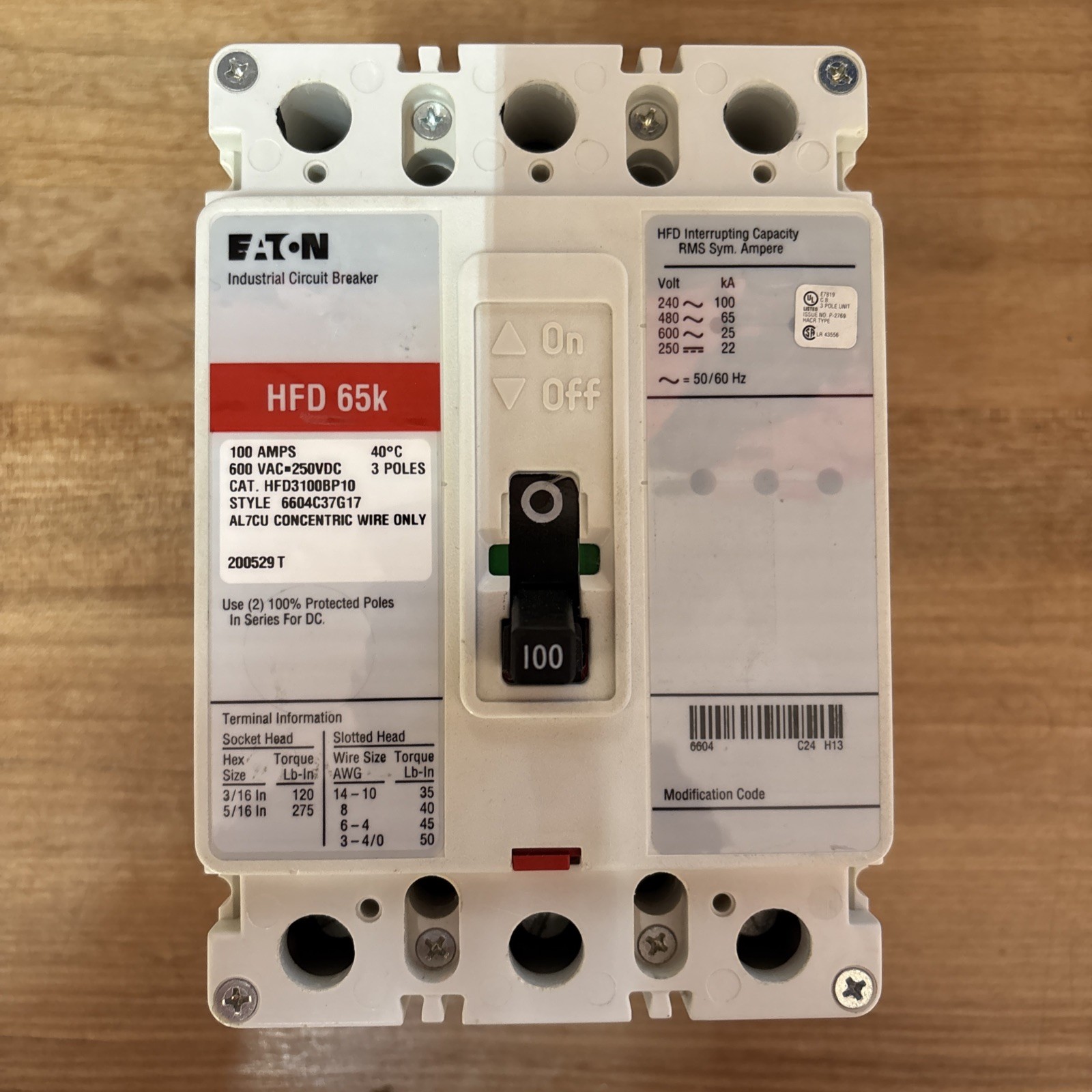 Eaton 100 Amp Industrial Circuit Breaker 3P 600 VAC / 250 VDC 65kA HFD3100BP10