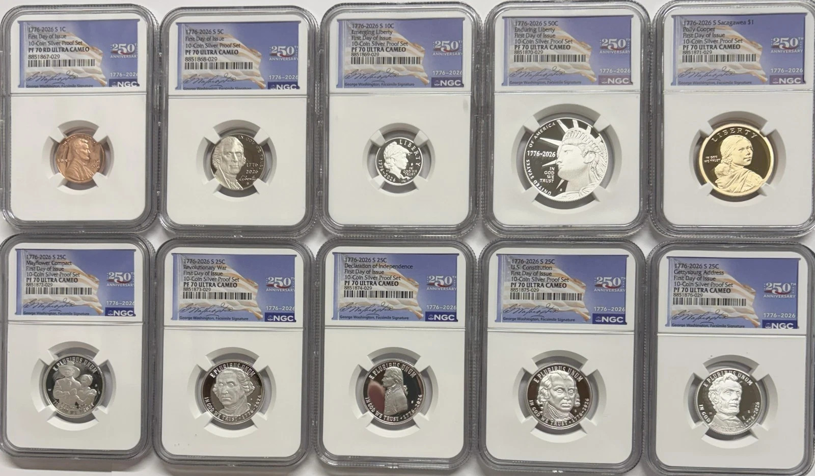 1776 2026 NGC PF70 FDOI .999 Silver Proof 10 Coin Set First Day Issue With box