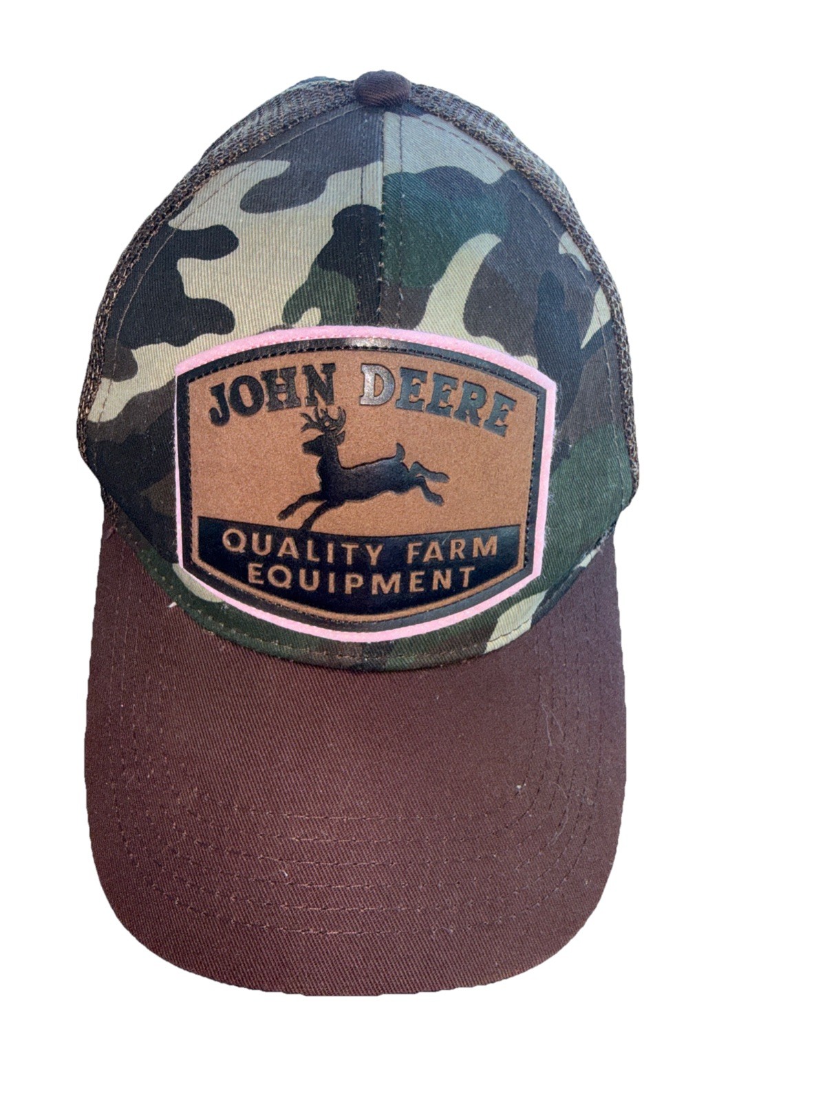 John Deere Suede patch w Pink accents on Camouflage Fabric w Brown Mesh Snapback