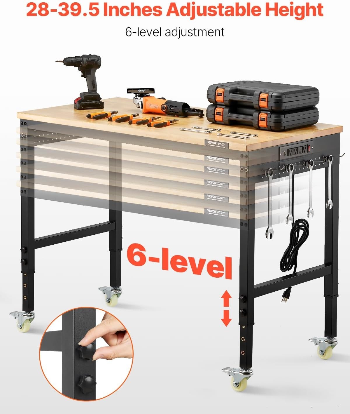 Adjustable Oak Workbench, 2000lb Load, Power Outlet, Wheels