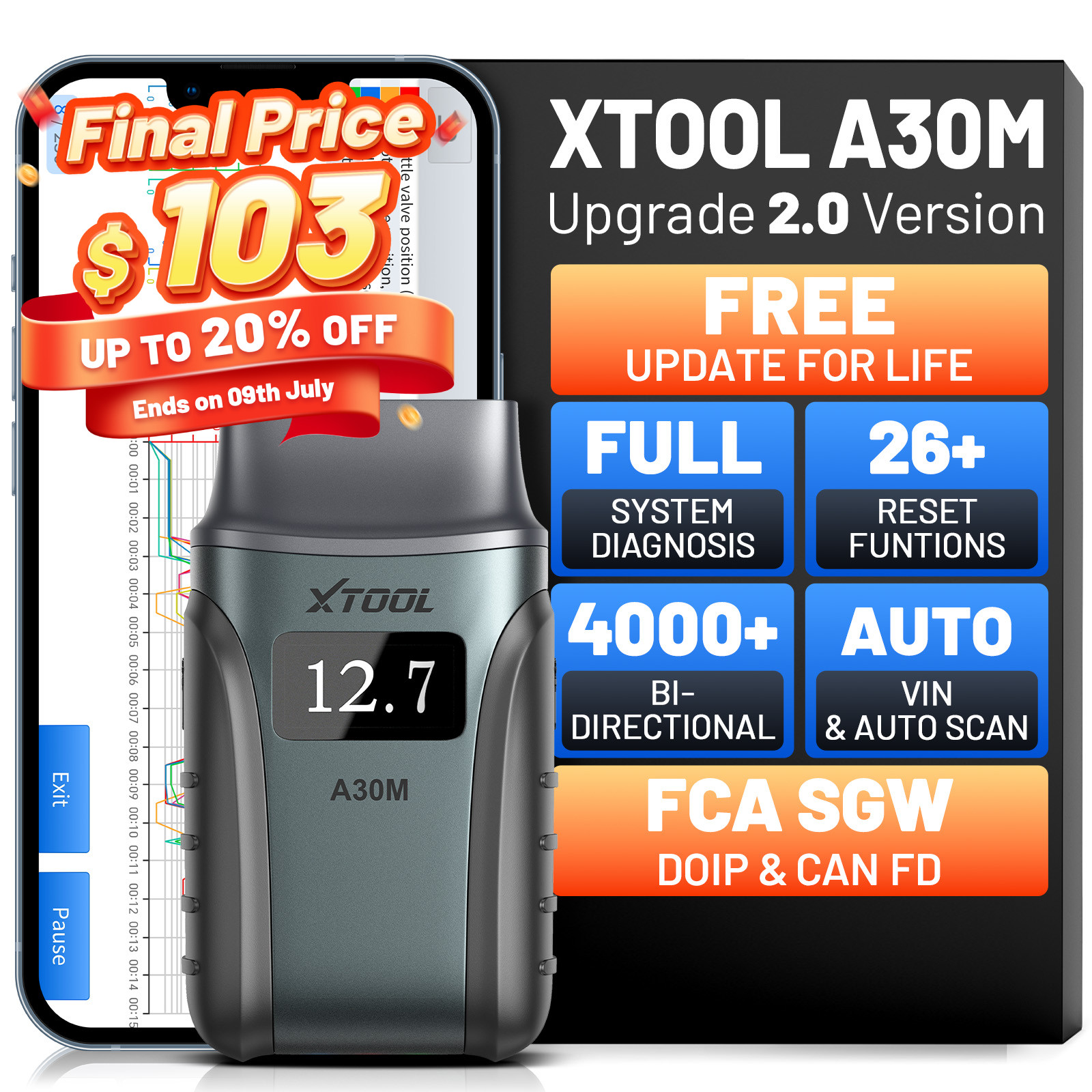XTOOL A30M V2.0 Wireless OBD2 Scanner All System Diagnostic Tool 26 Functions
