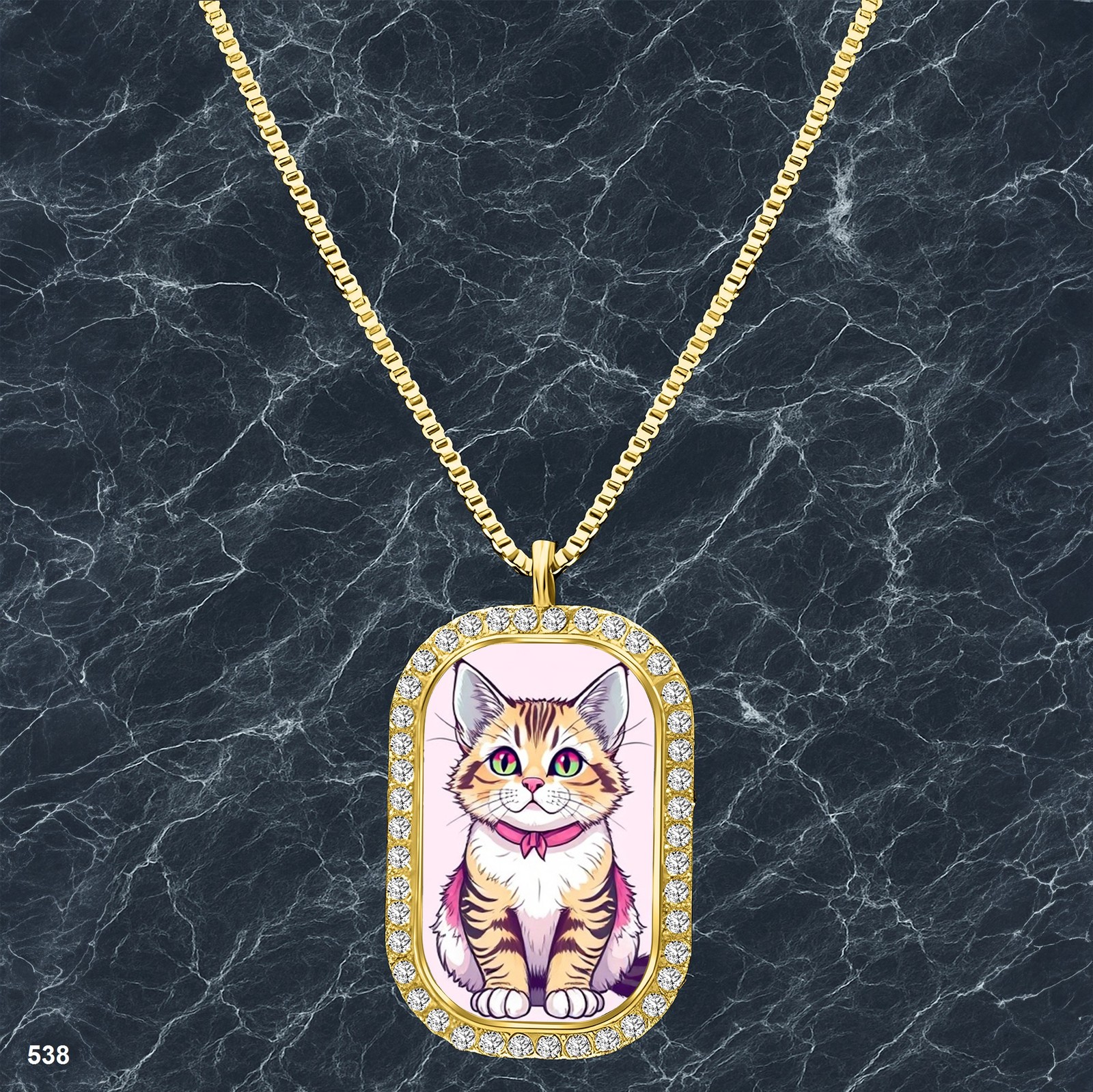 Colorful Cat Pendant Necklace Printed Lovely Gold Tone Treasure Pendant
