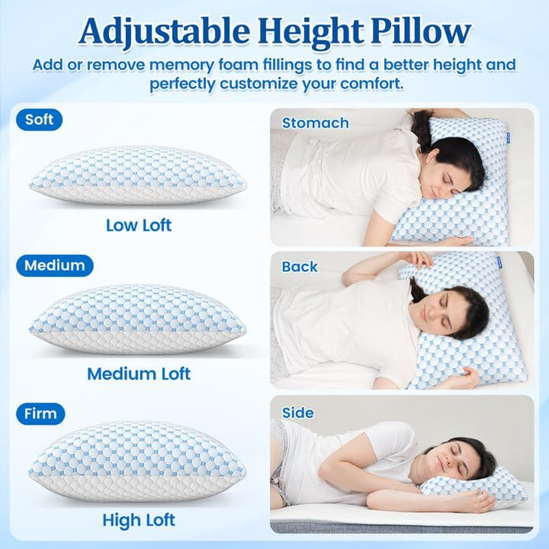 Shredded Memory Foam Pillow for Sleeping - Adjustable Cooling Pillow with Breath