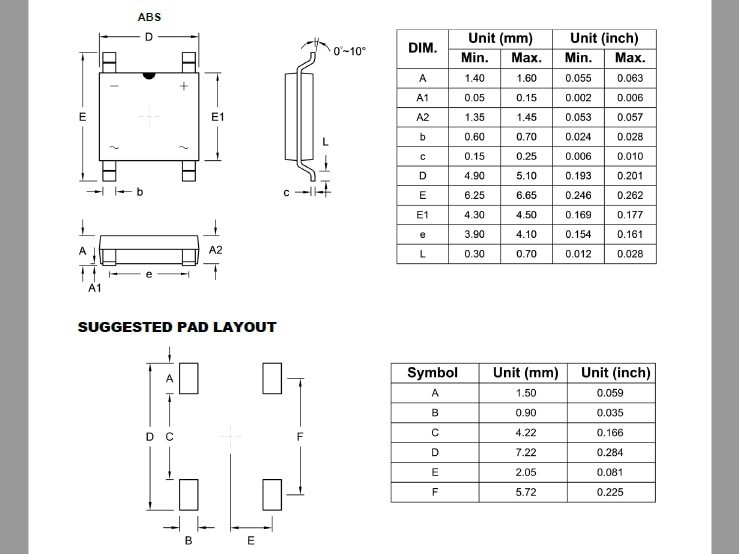ABS6 Bridge Rectifier Diode 600V 1A Ultra-Compact (100pcs)