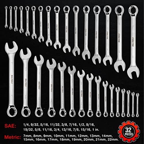 BULLTOOLS 32 Piece SAE Metric Combination Wrench Set with Case