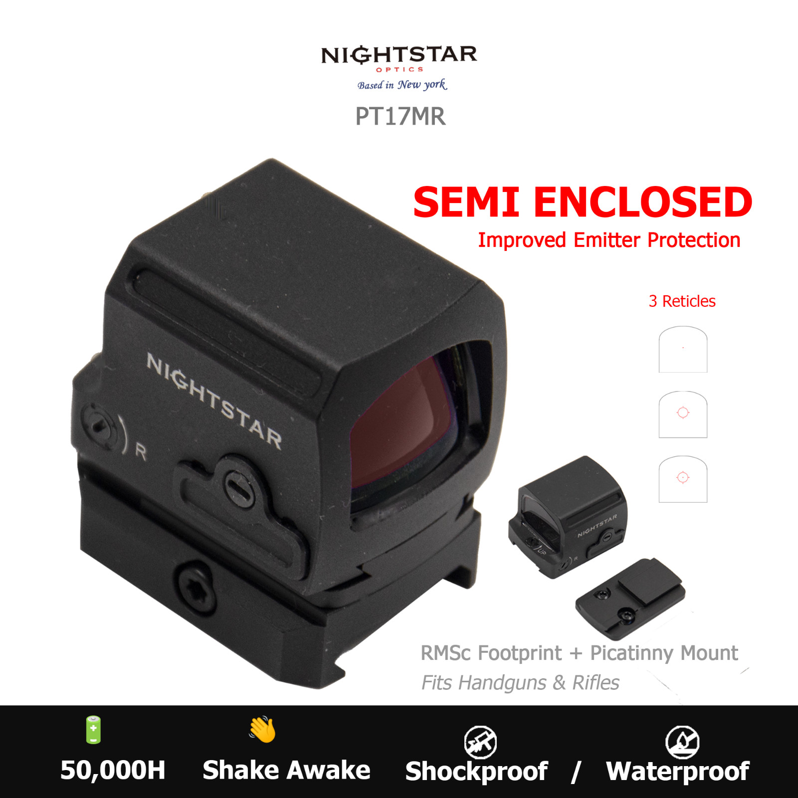 PT17MR Semi-Enclosed Red Dot Sight  3 reticle RMSc Shake Awake Picatinny