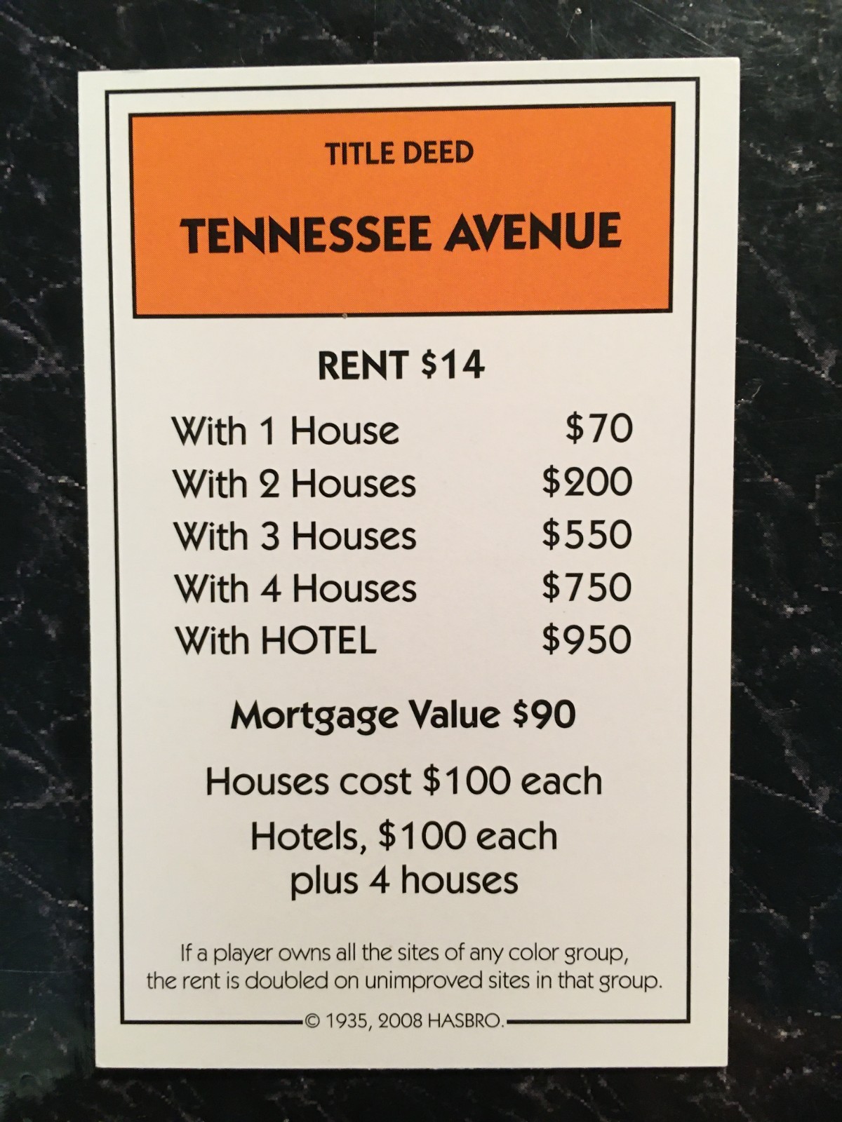 Monopoly  2008  TENNESSEE AVE   Title Deed Card  Replacement Game Piece