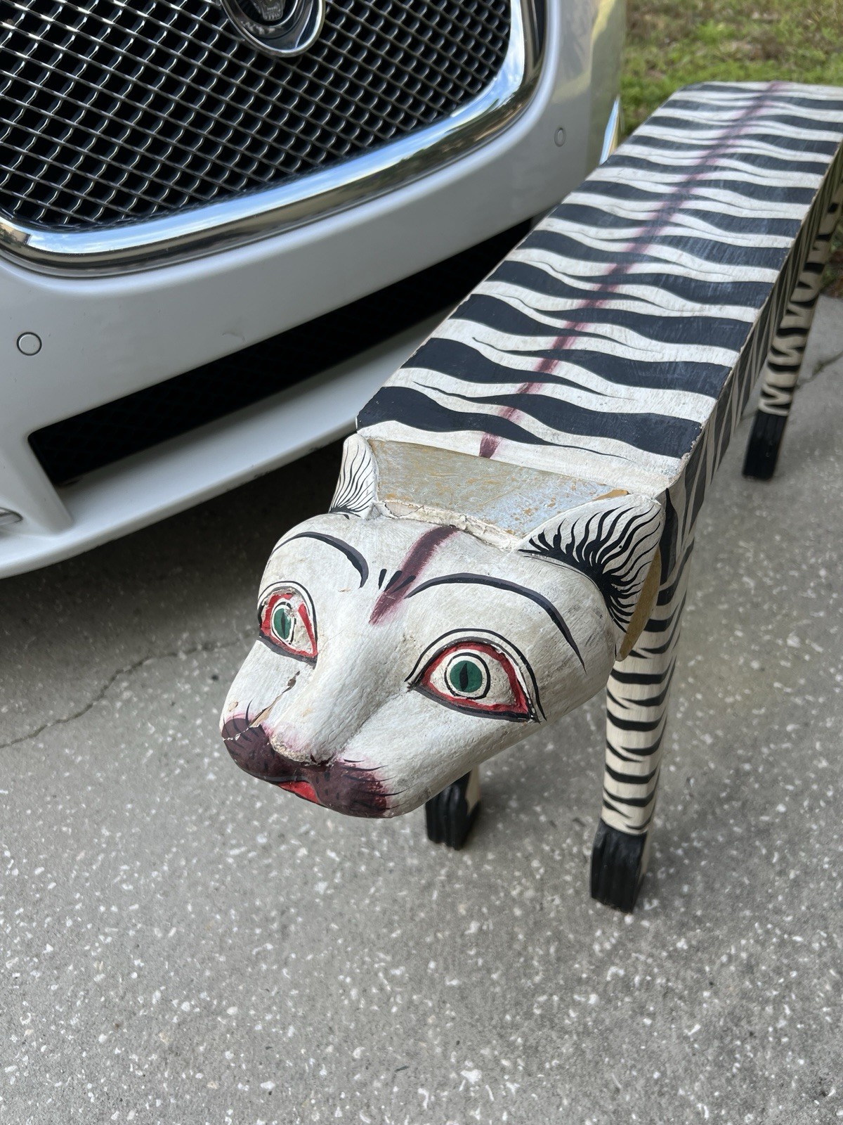 Vintage Tiger Hand Painted Carved Motif Wood Bench 1950s. Rare. Collectible