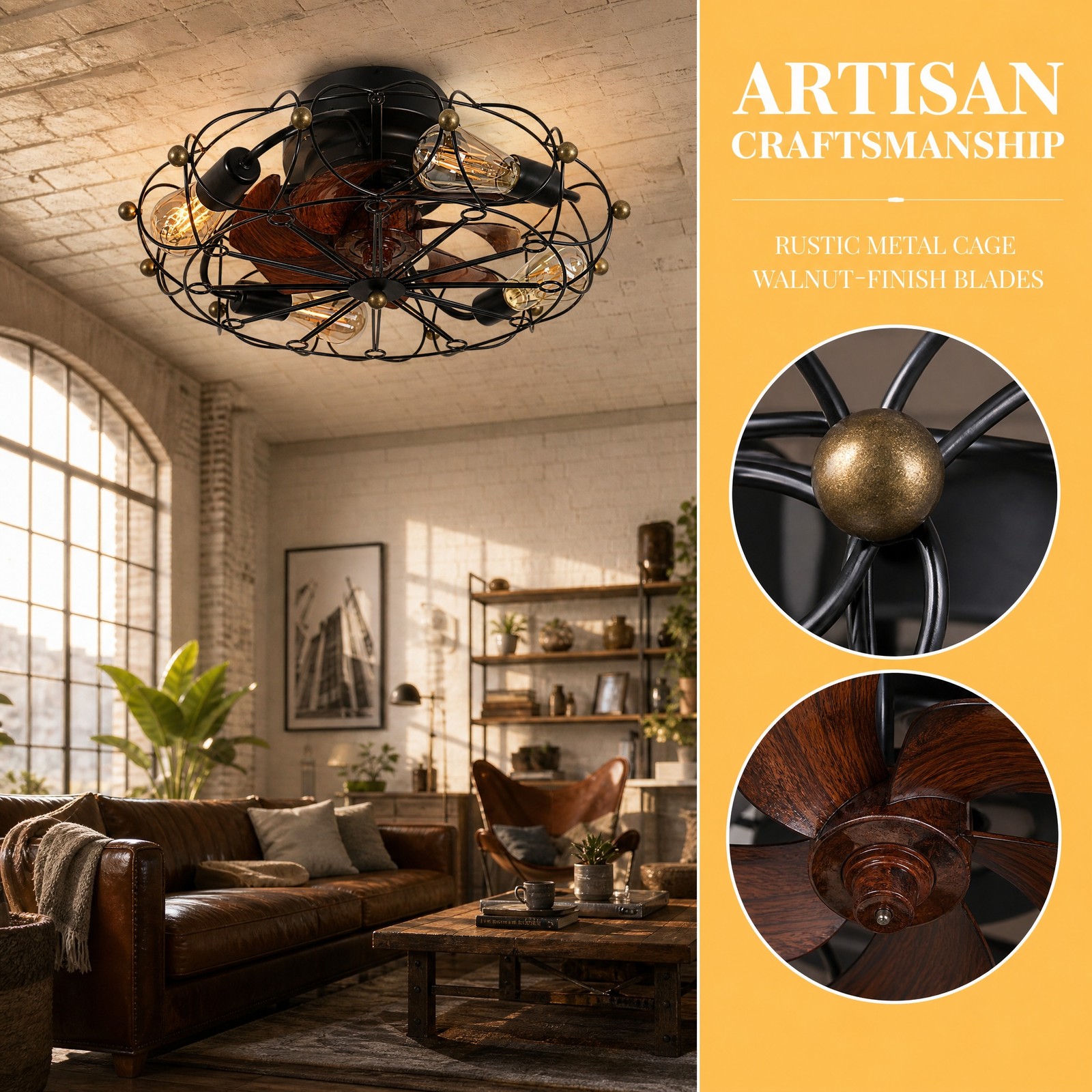 20 inch Black Modern Caged LED Ceiling Fan with Light Flush Mount Remote Control