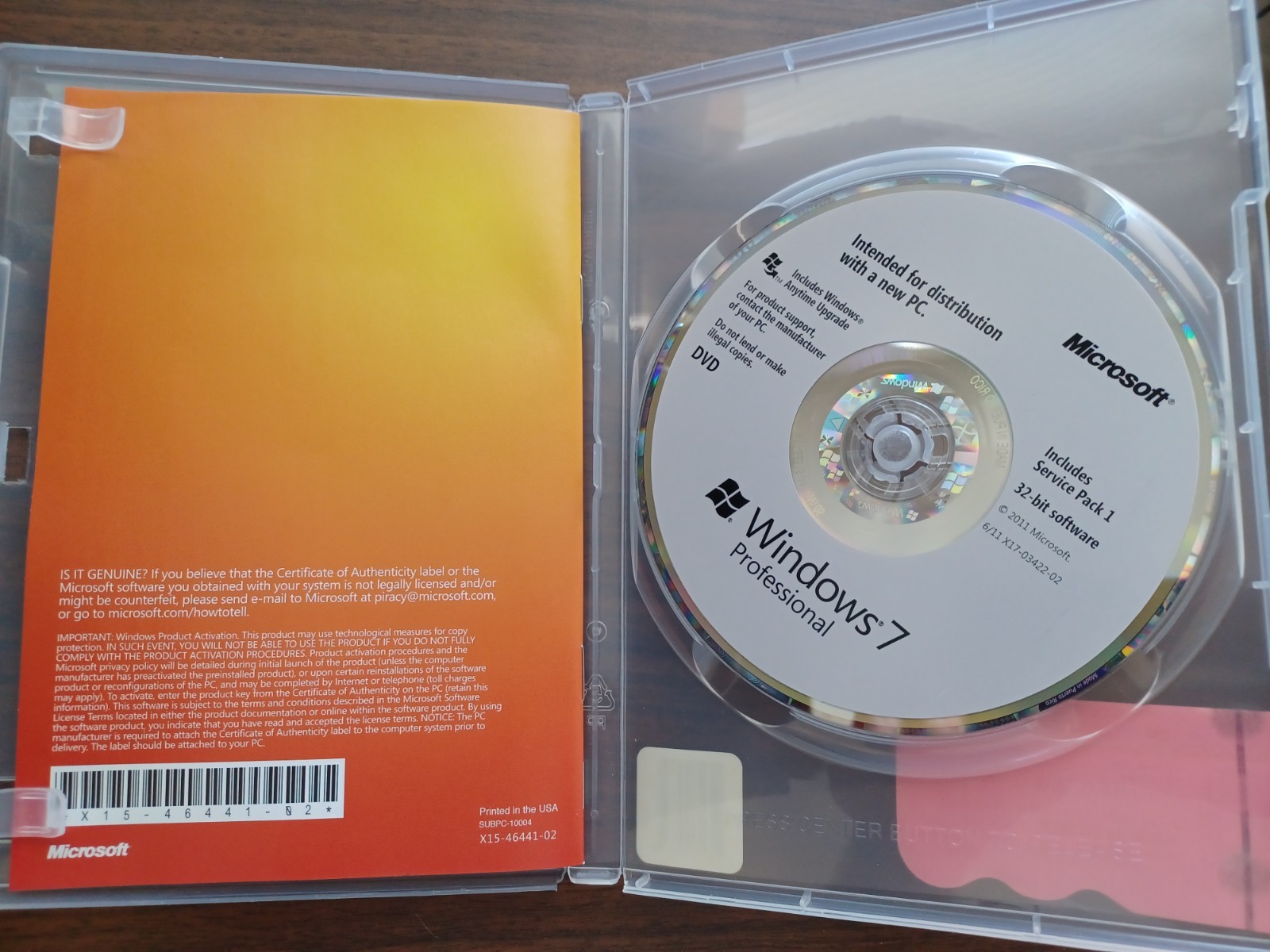 Microsoft Windows 7 Pro Professional SP1 32-Bit DVD & Key