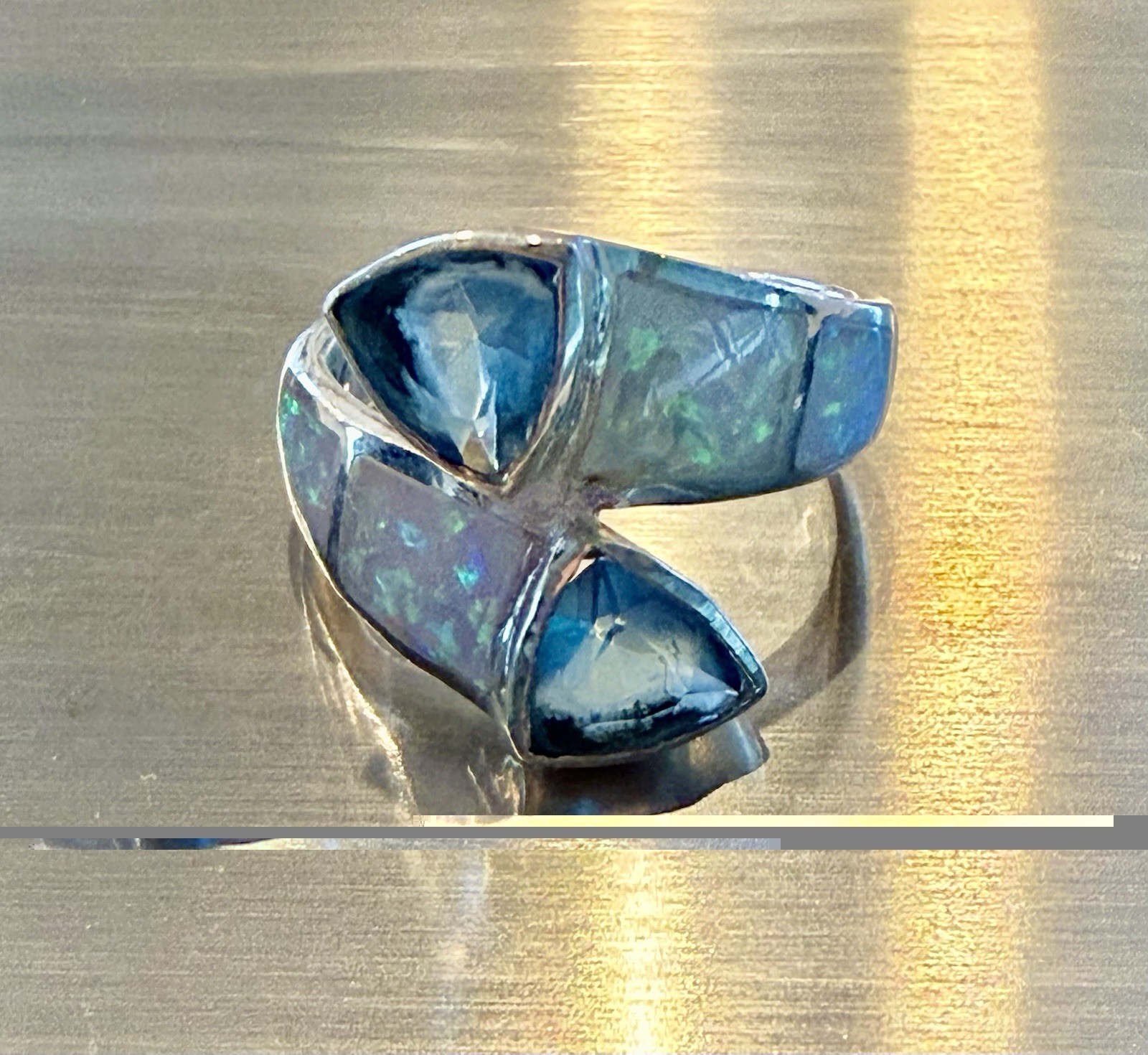 S/S 925 WHITE FIRE OPAL Lab Created RING set with 2 BLUE TOPAZ Trillion Cuts