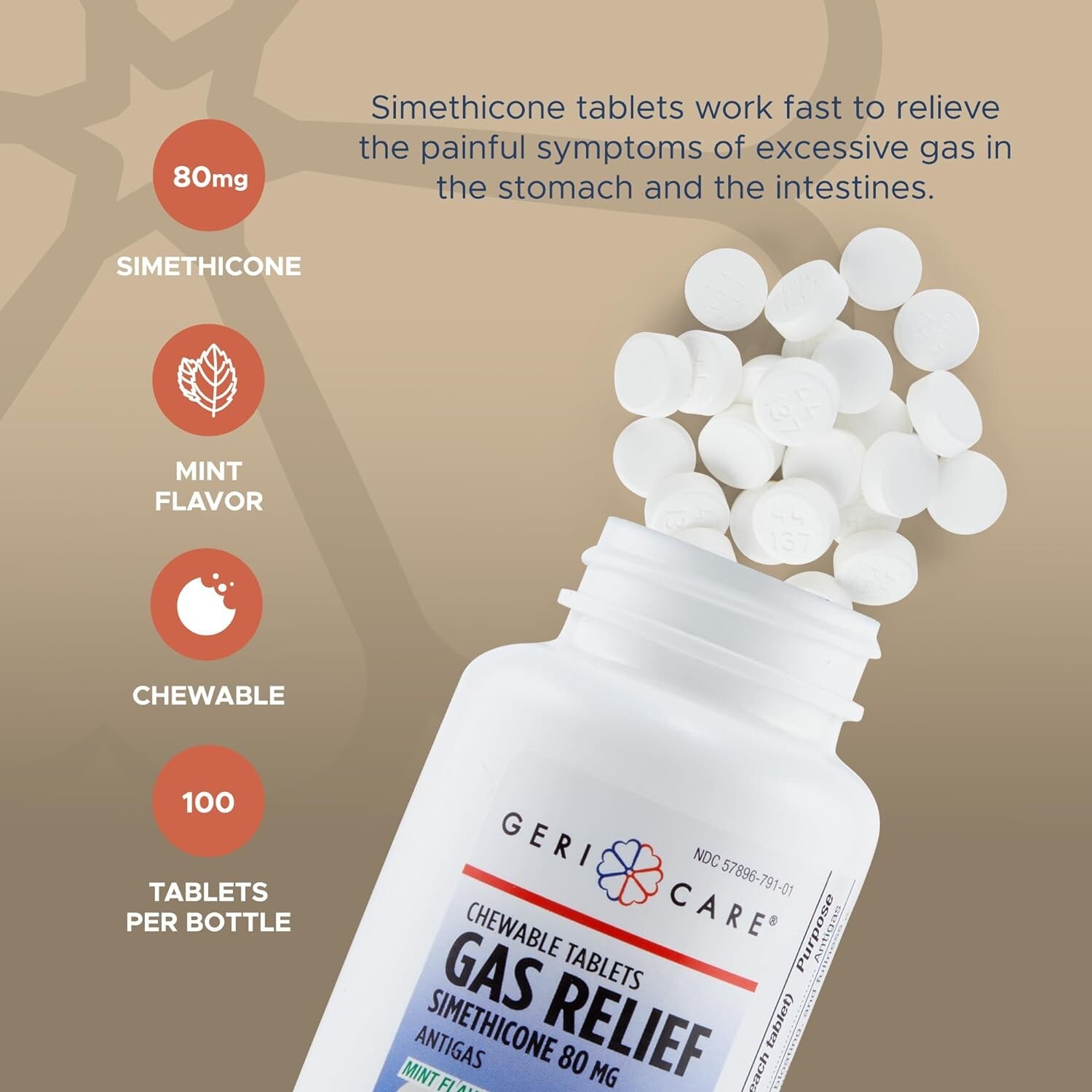 GeriCare Simethicone Chewable Mint Tablets, 80 mg, 100 Count