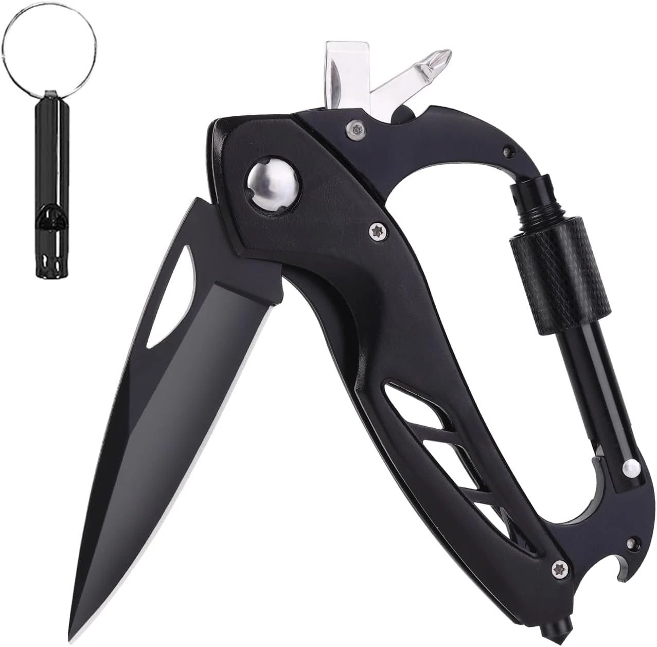 Multitool Carabiner Pocket Knife EDC Keychain w/ Whistle Bottle Opener