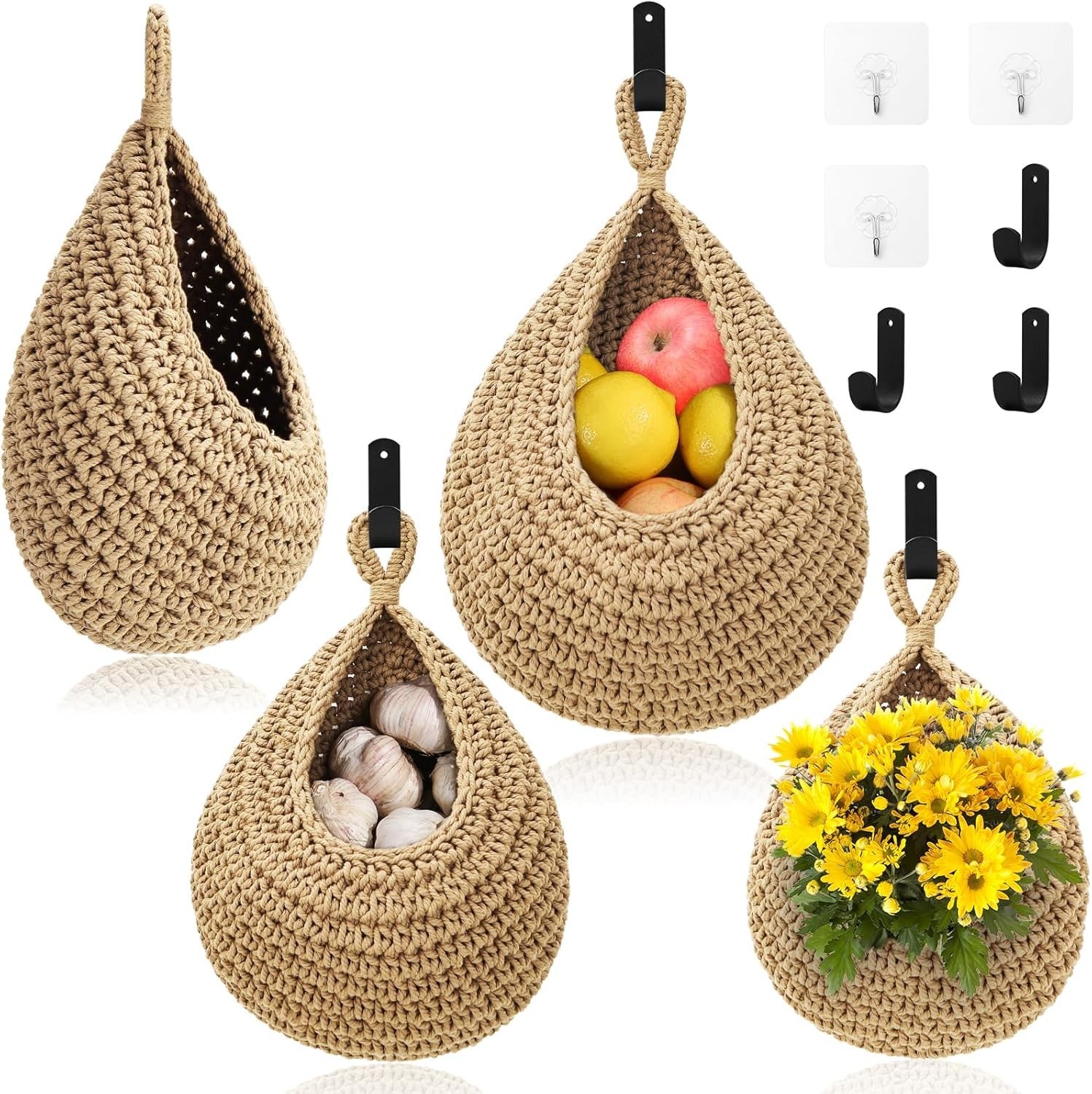 Wall Hanging Baskets for Organizing - 3 Pack Hanging Fruit Basket with 6 Pcs ...